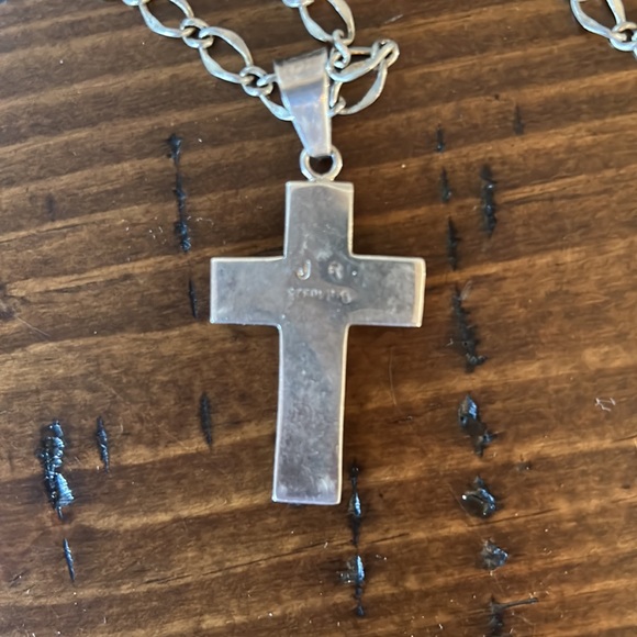 Sterling silver chain w/ cross of turquoise, coral, lapis and jasper - Picture 5 of 6